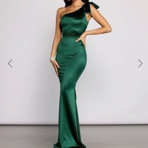 Emerald green satin dress with bow
